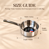 Prestige Triply stainless steel saucepan 14 cm 1 litre size guide showing 6 inch length, 6 inch width and 3 inch height