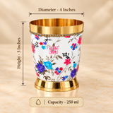 Size guide for printed brass water glass showing approximately 4 inches diameter, 3 inches height and 250 ml capacity, presented clearly on a premium beige background for easy product measurement reference.