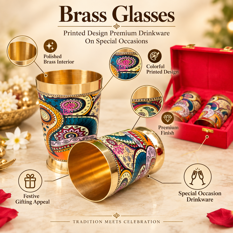 Features image of brass glasses printed design premium drinkware highlighting the polished brass interior, colorful printed exterior pattern, premium finish, sturdy base and festive gifting appeal. The layout clearly showcases the decorative design and craftsmanship of the brass tumblers in a premium beige setting suitable for special occasions, celebrations and elegant traditional gifting.