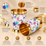 Features image of floral printed brass glasses highlighting the smooth brass interior, colorful floral print, decorative gold rim, polished stable base and premium drinkware design suitable for festive serving, gifting and special occasions.