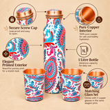 Features image of printed copper bottle with 2 matching glasses highlighting copper interior and printed exterior