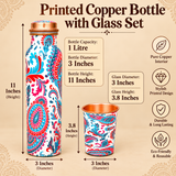 Size guide of printed copper bottle with glass set showing 1 litre bottle and glass dimensions