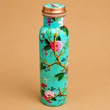Printed pure copper water bottle with elegant floral artwork and leak-proof copper lid, 1 litre capacity, ideal for Ayurvedic drinking water, home, office, travel, gym, and healthy daily hydration.