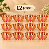 Set of 12 pure copper hammered serving bowls arranged clearly in an organized display, featuring matching polished copper finish and traditional hammered texture for bulk serving and gifting.
