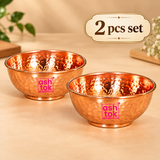 Set of 2 pure copper hammered bowls displayed together on a premium beige background, featuring matching polished copper interiors and traditional hammered surfaces for serving and gifting.