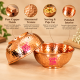 Features image of pure copper hammered bowl highlighting the traditional hammered texture, polished copper interior, rounded serving design and suitability for serving food, sweets and puja rituals.