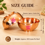 Size guide for pure copper hammered bowl showing approximately 4 inches diameter, 2 inches height and 100 grams weight per bowl with clear measurement markings on a premium beige background.