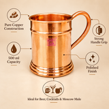 Features image of pure copper mug highlighting the copper construction, polished finish, strong curved handle, 500 ml capacity and classic mug shape suitable for beer, cocktails, Moscow Mule drinks and chilled beverage serving.
