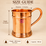 Size guide for pure copper mug showing approximately 3.5 inches diameter, 4.5 inches height, 200 grams weight and 500 ml capacity, with clear measurement arrows on a premium beige background for product size reference.