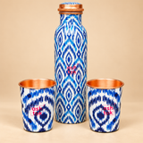 Blue Color Printed Pure Copper Water Bottle with Glass Set, Drinkware, Unique Gift Items