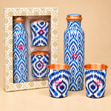 Pure copper water bottle with 2 glasses displayed with simple printed gift box packaging
