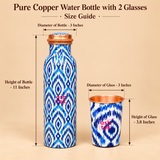 Size guide for pure copper water bottle with 2 glasses showing bottle diameter 3 inches, bottle height 11 inches, glass diameter 3 inches, and glass height 3.8 inches