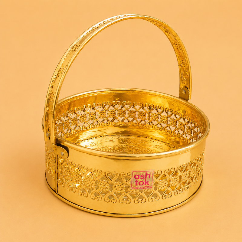 Round Brass Puja Basket with Traditional Phool Butti design, decorative pooja basket for festive gifting, return gifts, wedding hampers, and home décor.