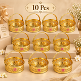 Set of 10 Round Shaped Brass Puja Baskets, Phool Butti Flower Baskets arranged in a premium beige bulk gifting display. Each basket features a polished golden brass finish, decorative floral cutwork body, embossed religious base design, sturdy handle and ASHTOK logo, suitable for wedding return gifts, festival gifting, religious events, family functions, temple ceremonies and bulk gifting requirements