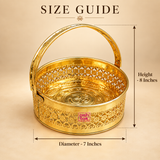 Size guide for Round Shaped Brass Puja Basket, Phool Butti and Flower Basket showing approximately 7 inches diameter and 8 inches overall height including the carrying handle. The image clearly displays measurement arrows around the golden decorative brass basket with floral cutwork, embossed base design and ASHTOK logo on a premium beige background for easy product size reference before purchase.