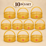 Set of 10 round metal wire flower baskets displayed in an organized beige studio arrangement, featuring matching golden openwork baskets with curved handles for weddings, return gifts, festive functions and bulk gifting requirements.
