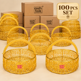 Bulk presentation of 100 round metal wire flower baskets with multiple golden baskets arranged in front of plain packaging boxes, suitable for wholesale orders, wedding return gifts, festive events, corporate gifting and large quantity distribution.