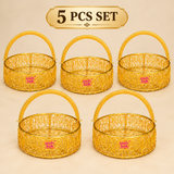 Set of 5 round metal wire flower baskets arranged neatly on a premium beige background, each featuring a golden woven wire body and curved handle, suitable for festive gifting, return gifts, weddings and decorative event use.