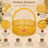 Features image of round metal wire flower basket highlighting the sturdy arched handle, intricate handcrafted wire design, round spacious basket shape, premium golden metal finish and multipurpose use for flowers, fruits, dry fruits, sweets, festive decor, weddings and return gifts.