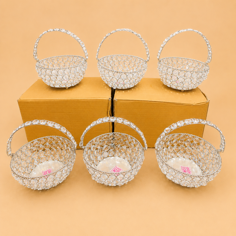 "Decorative silver crystal basket with sparkling crystal accents for home décor, return gifts, and festive celebrations."