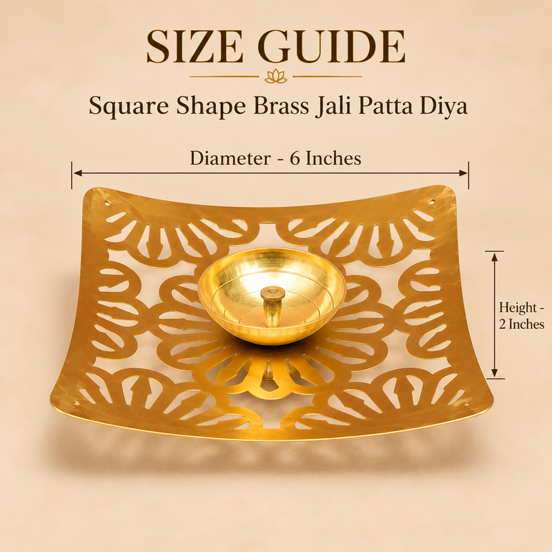 Size guide image of a Square Shape Brass Jali Patta Diya showing approximately 6 inch diameter and 2 inch height with clear measurement arrows, while displaying the broad square brass plate, gently raised corners, decorative floral jali cutout pattern, central polished brass diya bowl and upright wick holder on a premium beige background, helping customers understand the overall dimensions, proportions and decorative form before purchase for pooja, festive decoration or gifting.