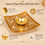 Features image of a Square Shape Brass Jali Patta Diya presented on a warm beige background with callouts highlighting the polished brass finish, decorative jali pattern, integrated center oil cup and suitability for puja and festive decor, while clearly showing the curved square plate, symmetrical floral cutwork, reflective brass bowl and central wick holder for customers looking for a traditional yet decorative diya for home worship and celebrations.