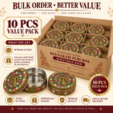 Promotional bulk order graphic for the Stainless Steel Meenakari Puri Box 10 Pcs Value Pack. A large cardboard box is filled with individually compartmentalized Meenakari puri boxes, with two additional boxes displayed in the foreground (one open showing the shiny stainless steel interior, one closed showing the peacock lid). Text callouts highlight "10 PCS VALUE PACK", "BULK ORDER • BETTER VALUE", and details stating each piece is individually packaged for safe delivery.