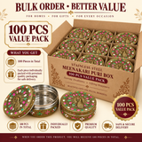 Bulk marketing banner for the Stainless Steel Meenakari Puri Box 100 Pcs Value Pack. The visual features a large multi-compartment shipping carton filled with peacock-embossed Meenakari containers, set alongside individual open and closed boxes in the foreground. Labels state "100 PCS VALUE PACK", "100 Pieces in Total", "Individually Packed", "Premium Quality", and "Safe & Secure Delivery".