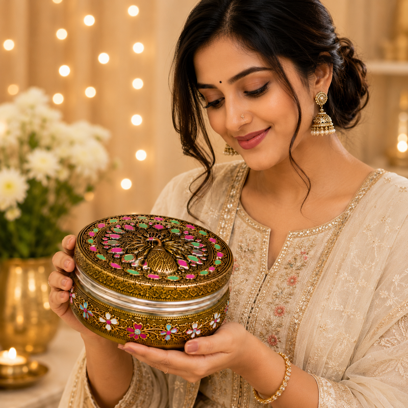 Stainless steel Meenakari Puri box 4 x 4 x 2 inches for decorative serving and storage