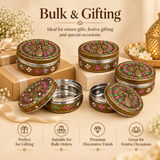 Promotional image titled "Bulk & Gifting" showcasing five Stainless Steel Meenakari Puri Boxes arranged on gift wrapped boxes. Headline text reads "Ideal for return gifts, festive gifting and special occasions", supported by icons for "Perfect for Gifting", "Suitable for Bulk Orders", "Premium Decorative Finish", and "Great for Festive Occasions".