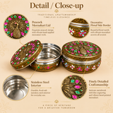 Detailed close-up infographic titled "Detail / Close-up" focusing on the traditional craftsmanship of the Meenakari Puri Box. Four circular inset callouts highlight the "Peacock Meenakari Lid", "Decorative Floral Side Border", "Stainless Steel Interior", and "Finely Detailed Craftsmanship" displaying the intricate metalwork and hand-applied enamel paint.
