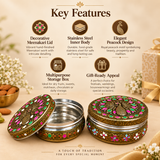 Key features infographic for the Stainless Steel Meenakari Puri Box. Five circular badges outline the main selling points: "Decorative Meenakari Lid" (vibrant hand-finished work), "Stainless Steel Inner Body" (durable food-grade steel), "Elegant Peacock Design" (symbolizing beauty and tradition), "Multipurpose Storage Box" (for dry fruits, sweets, mukhwas), and "Gift-Ready Appeal".