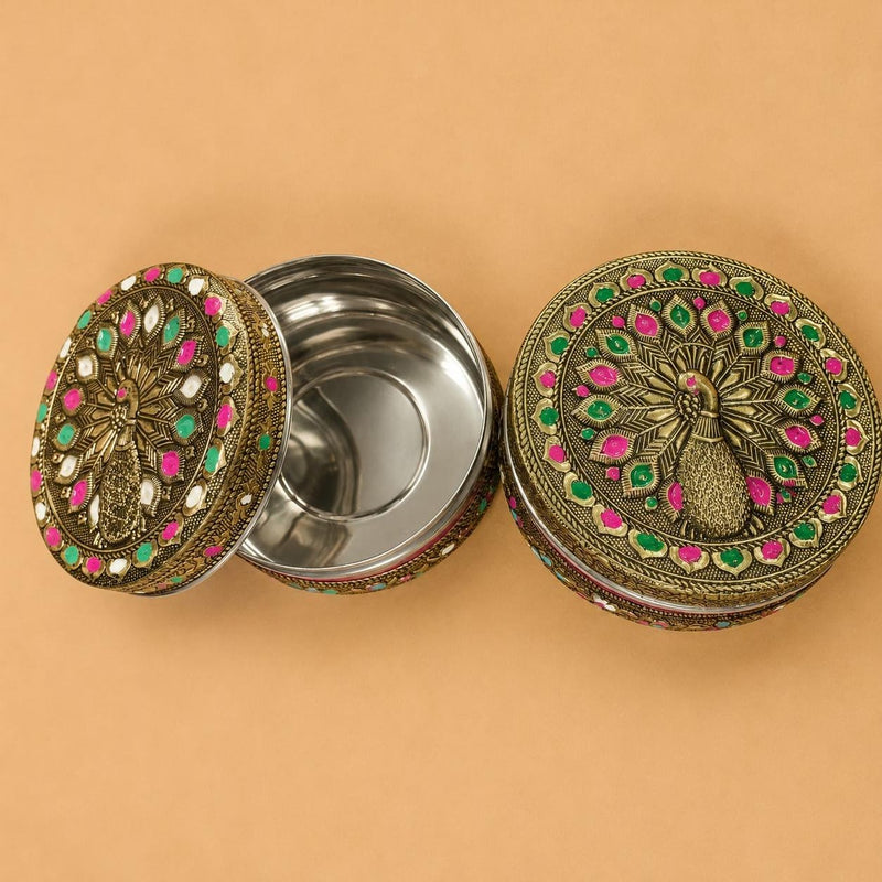 Stainless Steel Meenakari Puri Box with Peacock Design Lid – Decorative Round Storage Box, Open & Closed View for Dry Fruits, Sweets, Pooja & Gifting