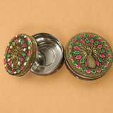 Stainless Steel Meenakari Puri Box with Peacock Design Lid – Decorative Round Storage Box, Open & Closed View for Dry Fruits, Sweets, Pooja & Gifting