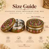 Dimension and size guide infographic for the Stainless Steel Meenakari Puri Box. Measurement lines highlight a top diameter/width of 4 x 4 inches and a container height of 1.5 inches. Four circular icons along the bottom designate "Premium Quality", "Food Safe Stainless Steel", "Traditional Meenakari Art", and "Ideal for Gifting".