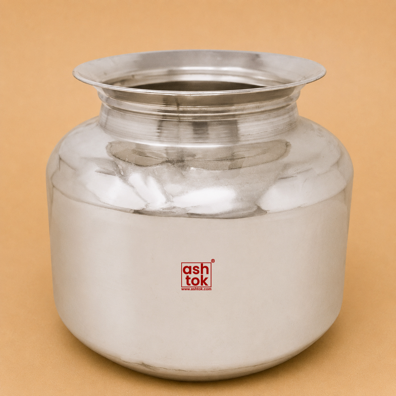 Stainless steel water pot with a polished finish on a beige studio background, ideal for storing drinking water in homes, kitchens, hotels, restaurants, and catering services.