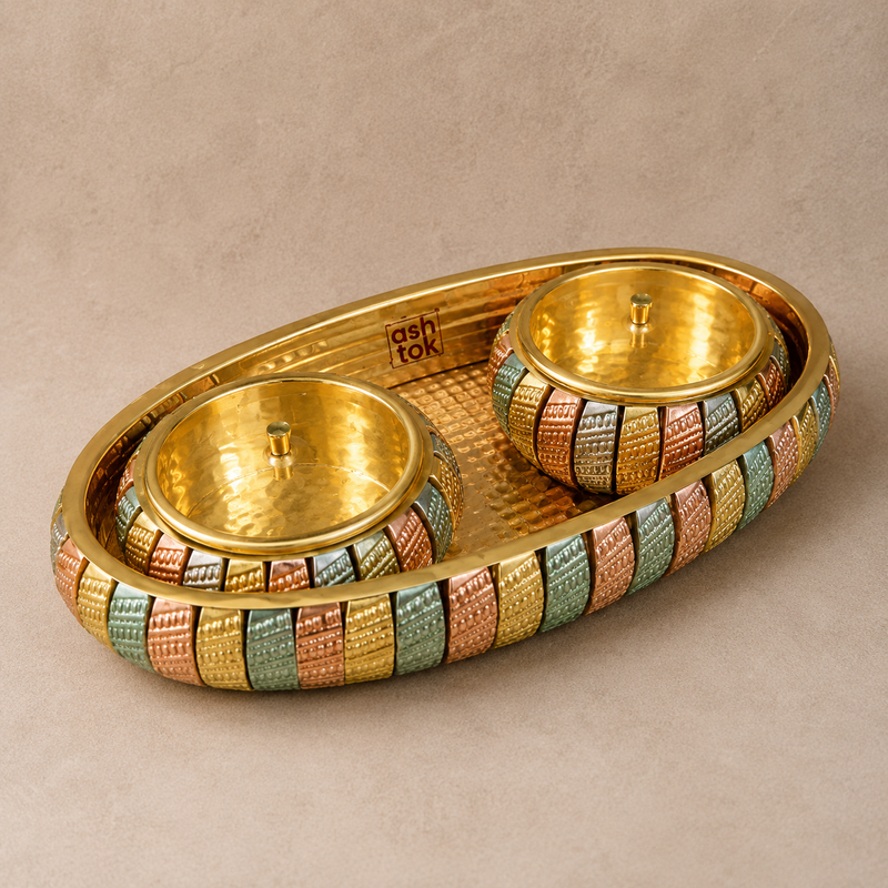 Traditional brass and copper tray with 2 bowls, premium gift item for weddings, engagements and festive occasions.