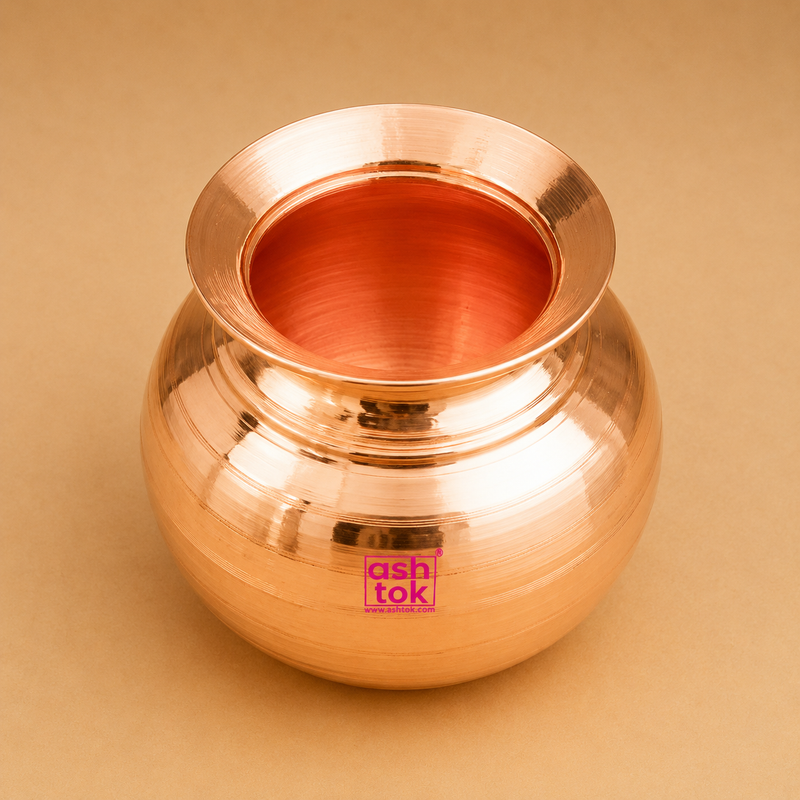 Traditional copper ghada water pot made in India, ideal for storing and serving drinking water naturally.