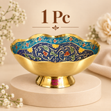 Single Turkish style brass Meenakari gift bowl displayed on a simple warm beige pedestal to clearly represent the 1 piece quantity option. The bowl features a polished golden brass exterior, raised circular base, elegant scalloped rim and detailed blue, turquoise, cream, green, yellow and red floral Meenakari design across the interior.