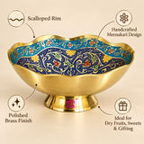 features-scalloped-rim.webpFeatures infographic of a decorative brass Turkish bowl highlighting its scalloped rim, handcrafted Meenakari design, polished brass finish and suitability for dry fruits, sweets and gifting. The golden bowl features a smooth curved exterior, stable pedestal base and intricate multicolor floral artwork inside with deep blue and turquoise bands, cream vines, green leaves and colorful flowers.