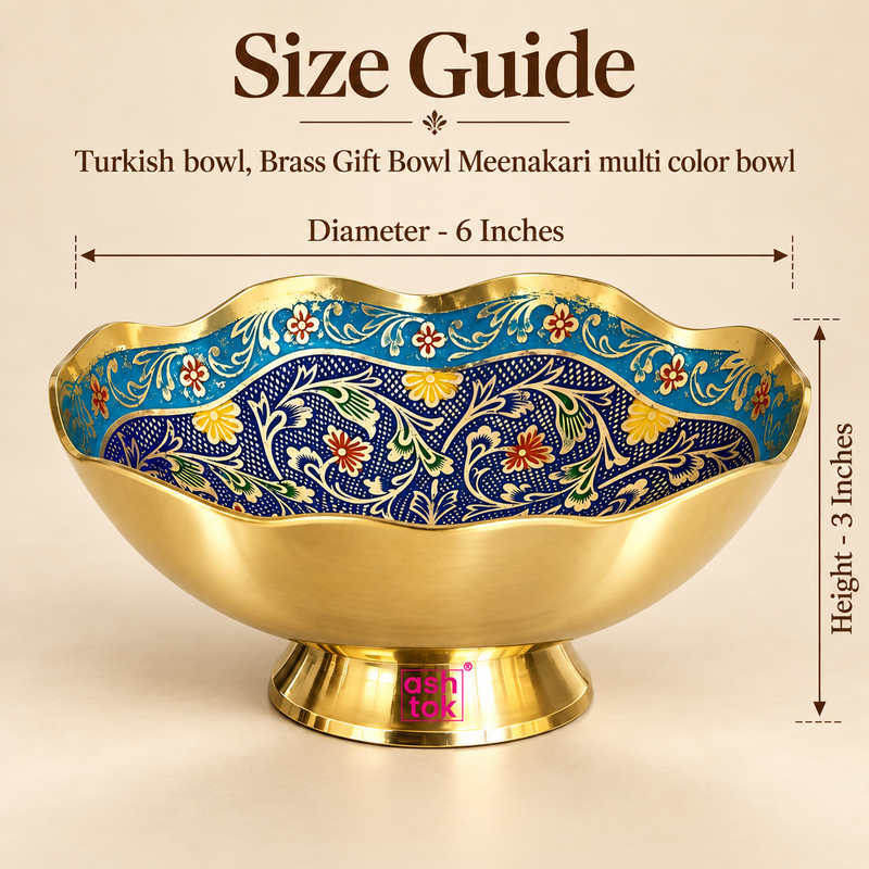 Size guide image of a Turkish style brass Meenakari gift bowl showing approximately 6 inches diameter and 3 inches height. The bowl is presented against a warm beige studio background with clear measurement arrows indicating the overall width across the scalloped rim and total height including the pedestal base. 