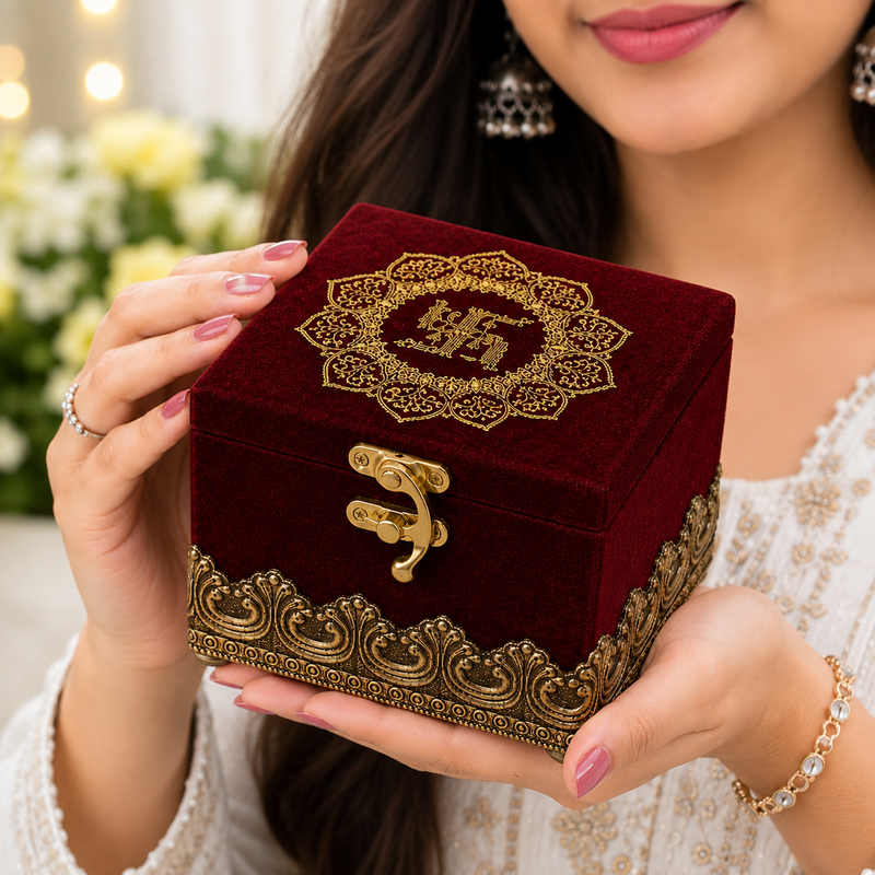 Elegant burgundy velvet wood box with intricate gold filigree design and decorative clasp