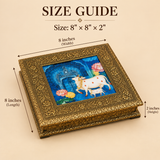 Wood Cow Design Box size guide image showing the handcrafted decorative storage box in a square format with approximate dimensions of 8 x 8 x 2 inches. The image presents the ornate gold-toned frame, detailed embossed floral border, and colorful central artwork featuring a cow and calf against a rich blue background, displayed on a soft beige backdrop for clear product reference.