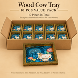 10 pieces value pack image of Wood Cow Tray showing compact bulk packaging with multiple decorative trays arranged for gifting, festive orders, and smaller wholesale or event requirements.