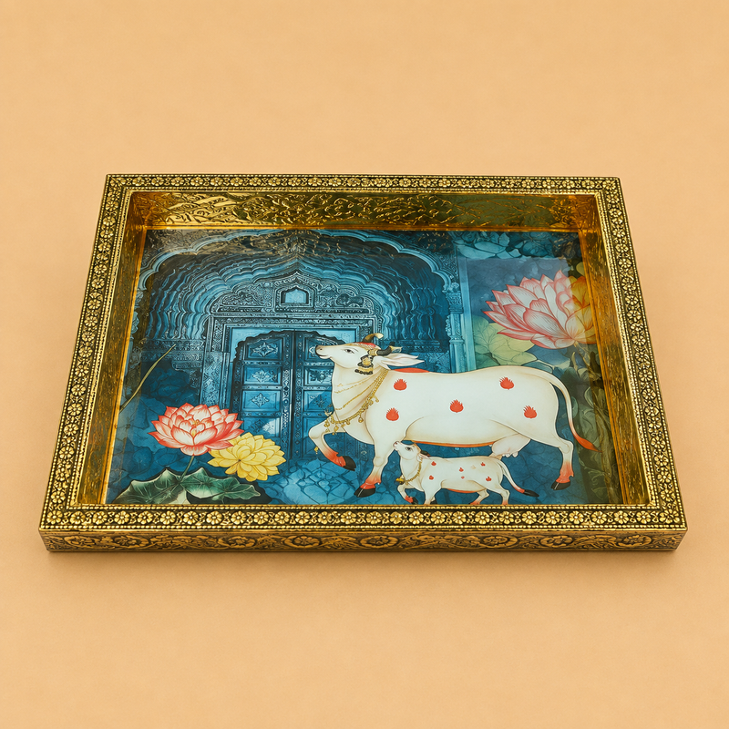 Handcrafted Wood Cow Tray 8x8 with Traditional Meenakari Design Decorative Wooden Serving Tray for Home Décor, Pooja, Return Gifts and Festive Gifting
