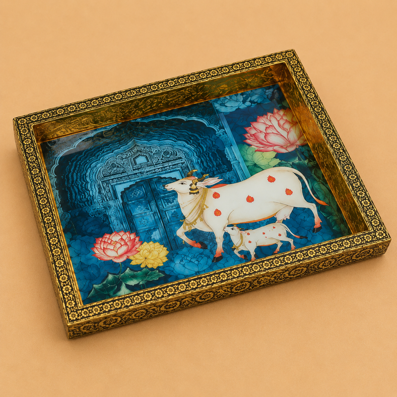 Wood cow tray 8 x 8 inches with traditional Meenakari design and decorative detailing