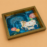 Wood cow tray 8 x 8 inches with traditional Meenakari design and decorative detailing