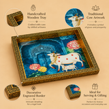 Handcrafted Wood Cow Tray feature image highlighting the decorative wooden tray with traditional cow and calf artwork, lotus flower elements, intricate ornamental border design, and elegant handcrafted finish suitable for gifting and festive use.