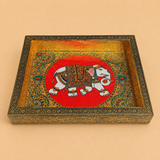 Handcrafted Wood Elephant Tray 7x9 with Traditional Meenakari Design Decorative Wooden Serving Tray for Home Décor, Pooja, Return Gifts and Festive Gifting