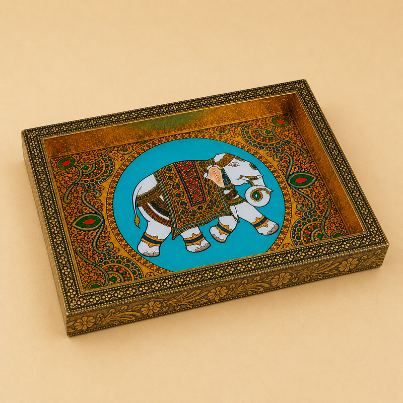 Wood elephant tray 8 x 8 inches with handcrafted Meenakari design for decorative serving and display